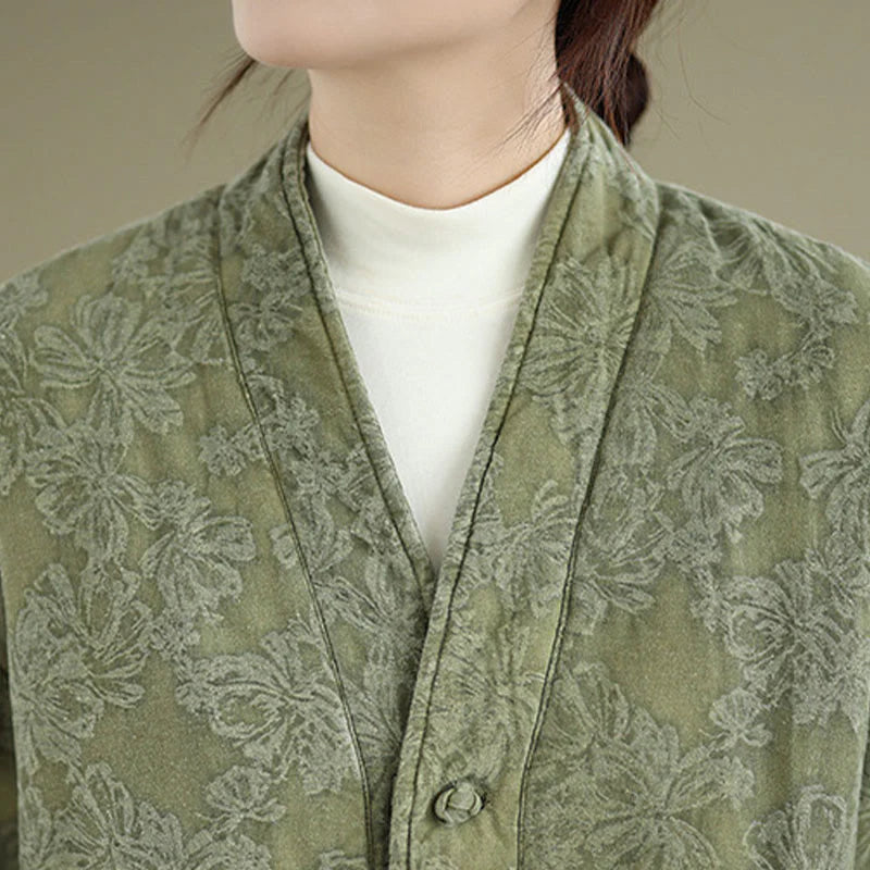 Buddha Stones Winter V-Neck Jacquard Frog-Button Cotton Long Sleeve Women's Thermal Jacket With Pockets