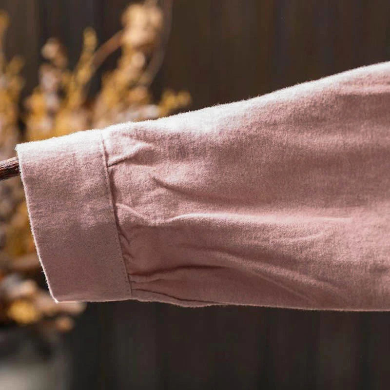 Buddha Stones Fall Solid Color Button Down Stand Collar Long Sleeve Women's Cotton Shirt