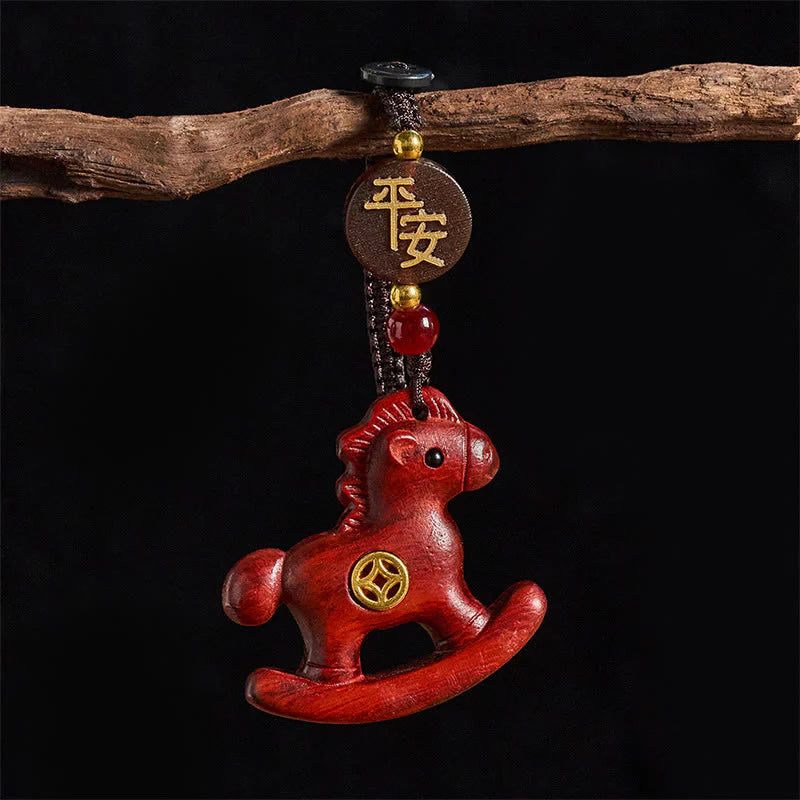 Buddha Stones Year of the Horse Rainbow Eucalyptus Small Leaf Red Sandalwood Linden Wood Ebony Carved Positive Key Chain