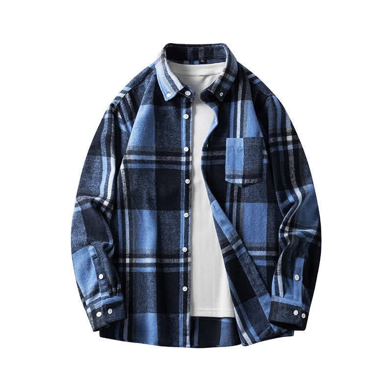 Buddha Stones Commute Multicolor Plaid Button Men's Cotton Long Sleeve Shirts With Pocket