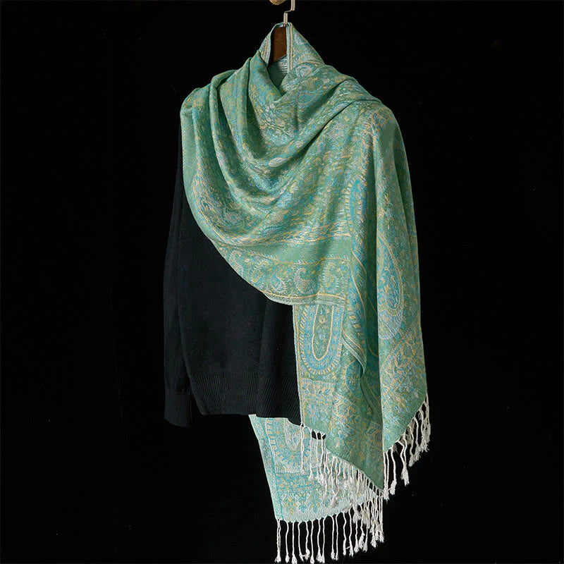 Buddha Stones Spring Green Cashew Flower Geometric Stripes Pattern Tassel Cozy Scarf Shawl