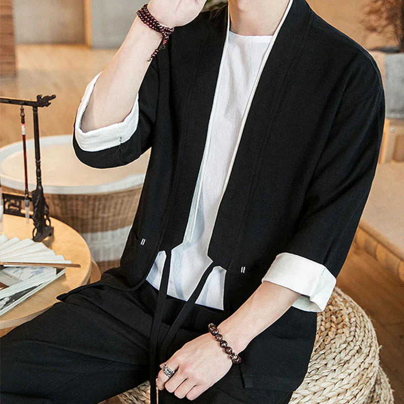 Buddha Stones Lace-Up Design Jacket Cotton Linen Men's Three Quarter Sleeve Kimono With Pockets