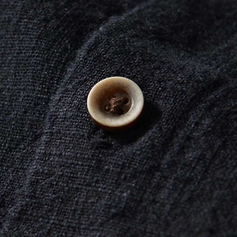 Buddha Stones Solid Color Men's Buttons Long Sleeve Cotton Linen Shirt With Pockets
