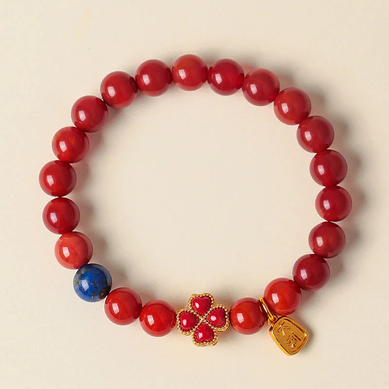 Buddha Stones Four Leaf Clover Flower Gourd South Red Agate White Agate Positive Beaded Bracelet