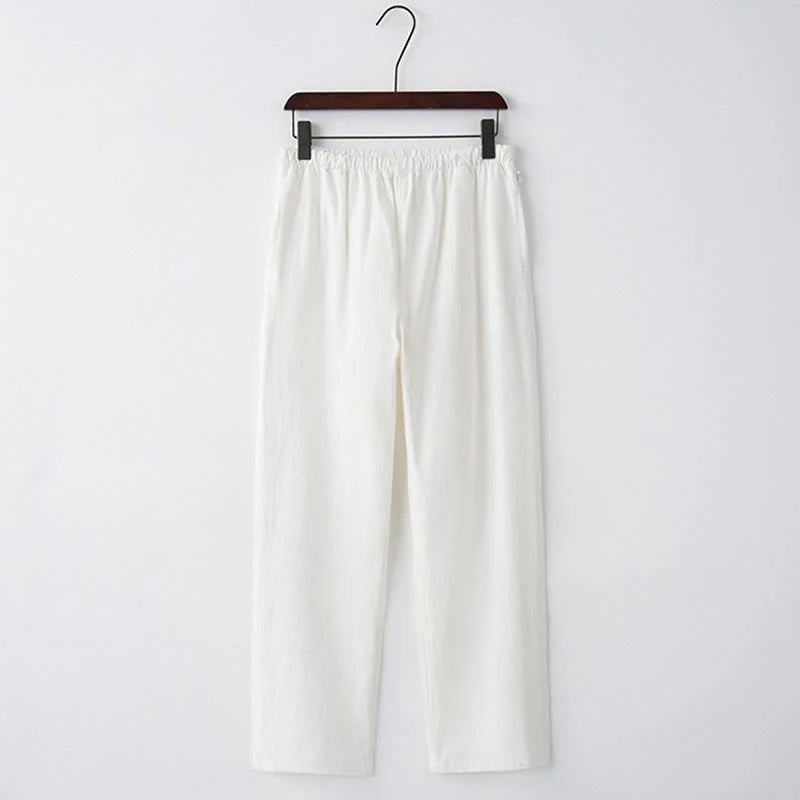 Buddha Stones Men's Solid Color Cotton Linen Casual Drawstring Pants With Pockets