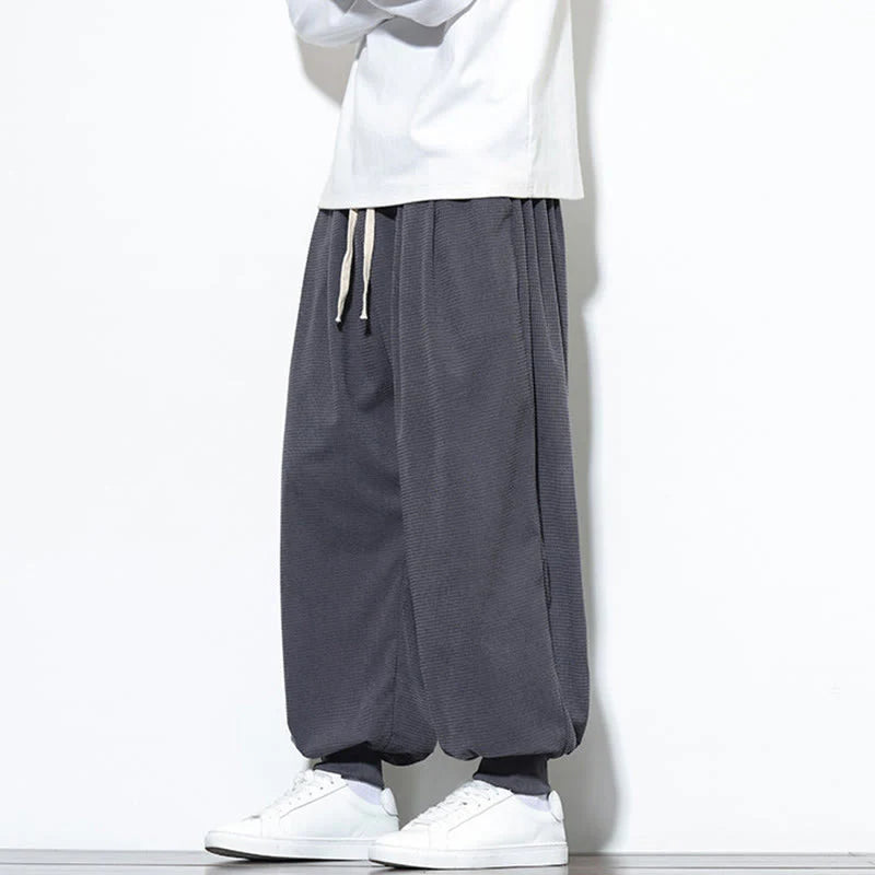 Buddha Stones Fall Plain Drawstring Simple Design Men's Harem Cotton Corduroy Pants With Pockets