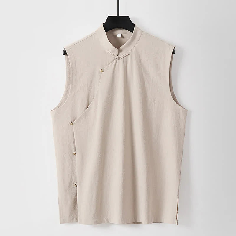 Buddha Stones Summer Solid Color Stand Collar Frog-Button Men's Cotton Linen Sleeveless Vest