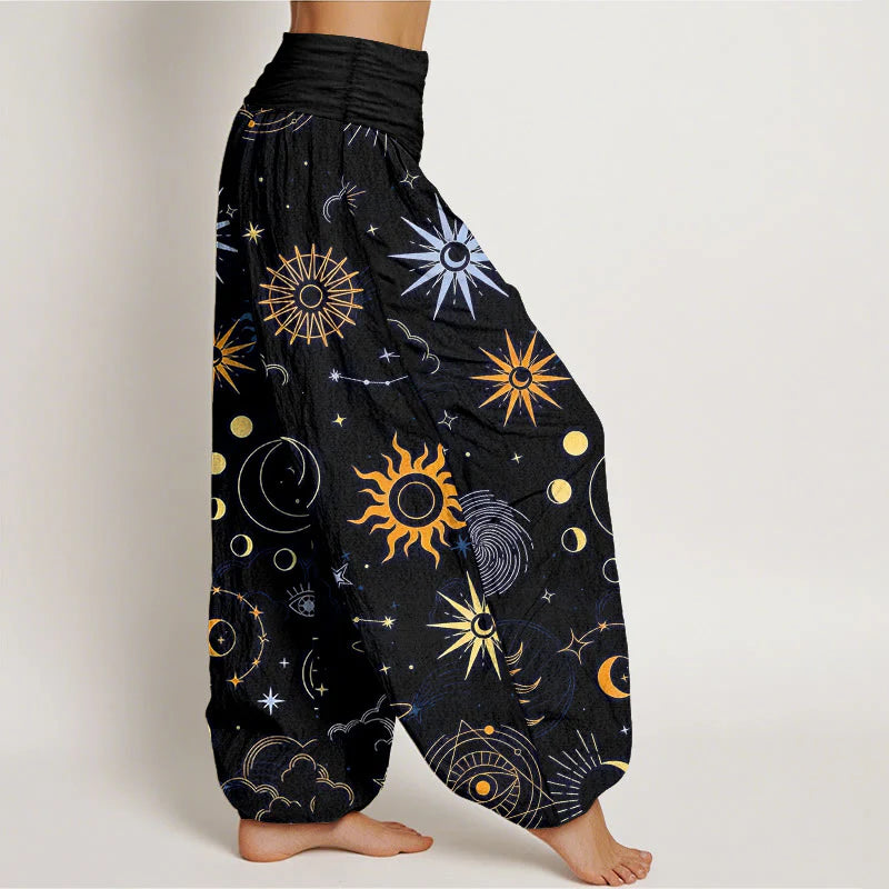 Buddha Stones Cotton Moon Sun Cloud Star Constellation Pattern Women's Elastic Waist Harem Pants