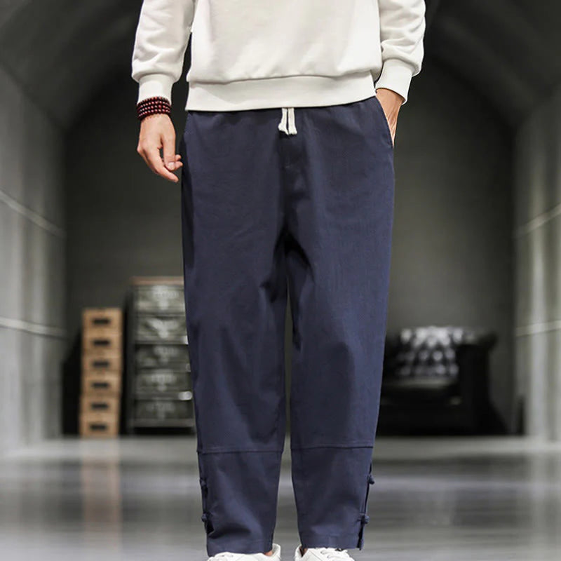 Buddha Stones Drawstring Elastic Waist Frog-Button Ankle-Length Men's Cotton Pants With Pockets