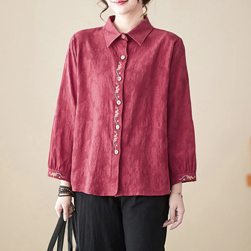 Buddha Stones Spring Plain Embroidered Flower Pattern Button Women's Long Sleeve Cotton Lapel Shirt