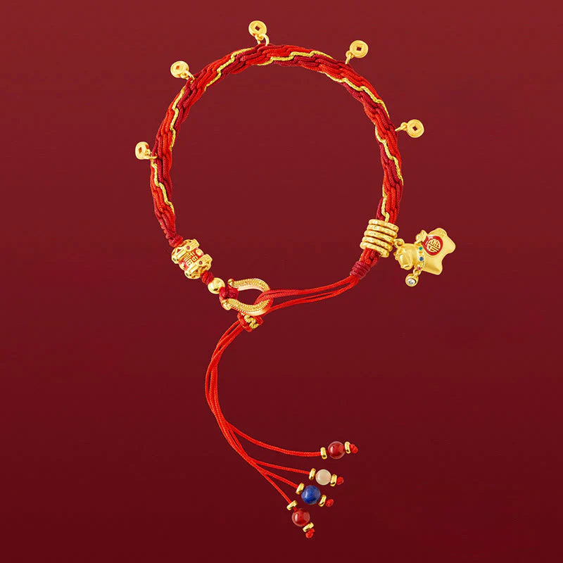 Buddha Stones Copper Plated 18k Gold Year Of The Horse Fu Character Red String Luck Braided Bracelet
