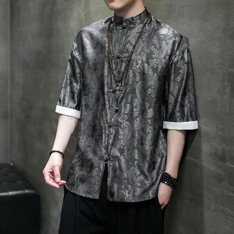 Buddha Stones Summer Cashew Flowers Pattern Men's Frog-Button Half Sleeve Shirts