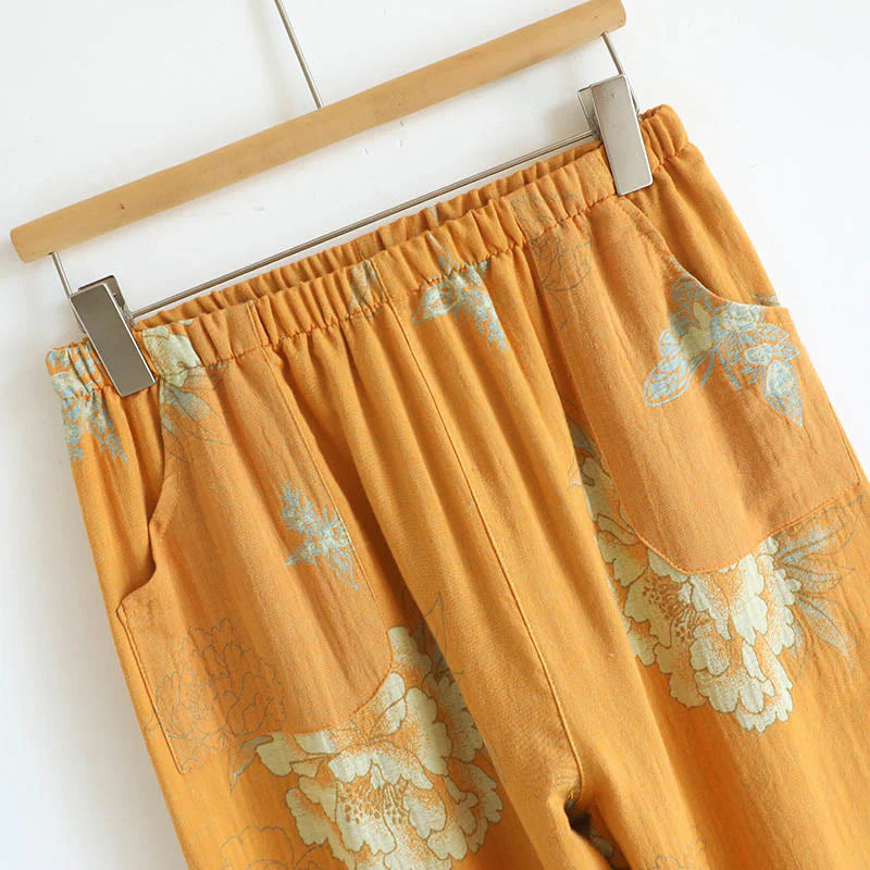 Buddha Stones 2pcs Frog-Button Printed Long Sleeve Cardigan Shirt Pants With Pockets Cotton Set