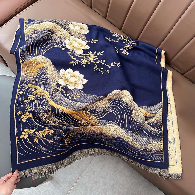 Buddha Stones Fall Lotus Flowers Ocean Waves Pattern Soft Scarf Tassel Shawl
