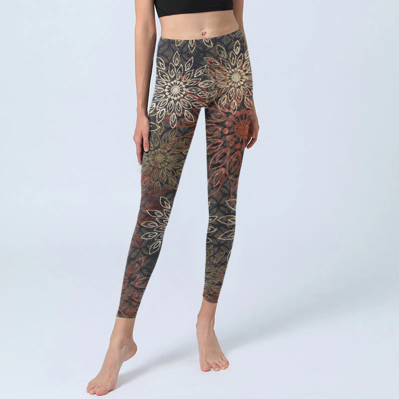 Buddha Stones Symmetrical Retro Flower Pattern Print Gym Leggings Women's Yoga Pants