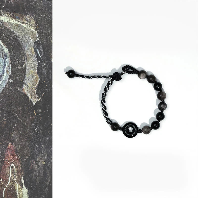 Buddha Stones Natural Black Obsidian Peace Buckle Purification Black Rope Bracelet