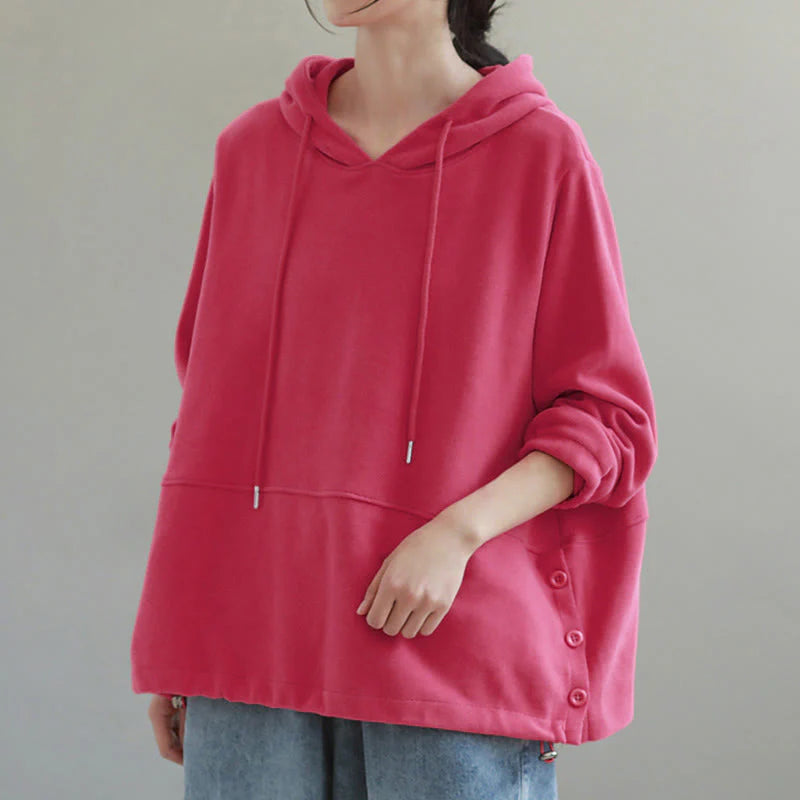 Buddha Stones Fall Solid Color Side Buttons Cotton Long Sleeve Women's Hoodie