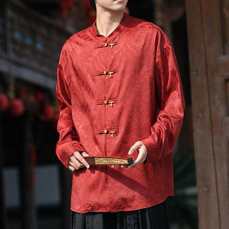 Buddha Stones Chinese Frog-Button Bamboo Shape Design Stand Collar Men's Long Sleeve Shirt