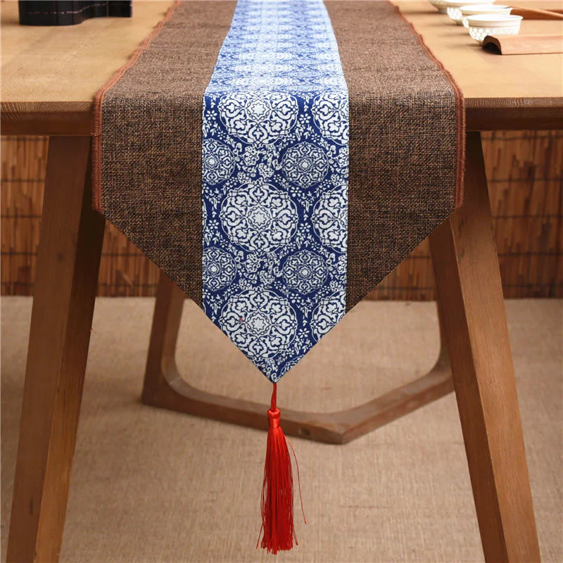 Buddha Stones Classic Chinese Style Lotus Koi Fish Flower Crane Calligraphy Enlightenment Cotton Linen Tassels Table Runner
