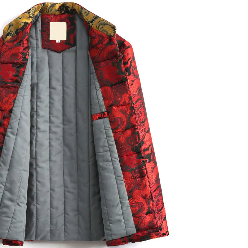 Buddha Stones Winter Dragon Jacquard Warm Frog-Button Long Sleeve Men's Jacket With Pockets