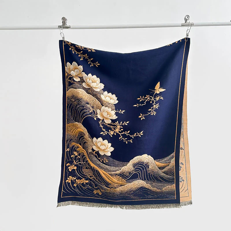 Buddha Stones Fall Lotus Flowers Ocean Waves Pattern Soft Scarf Tassel Shawl