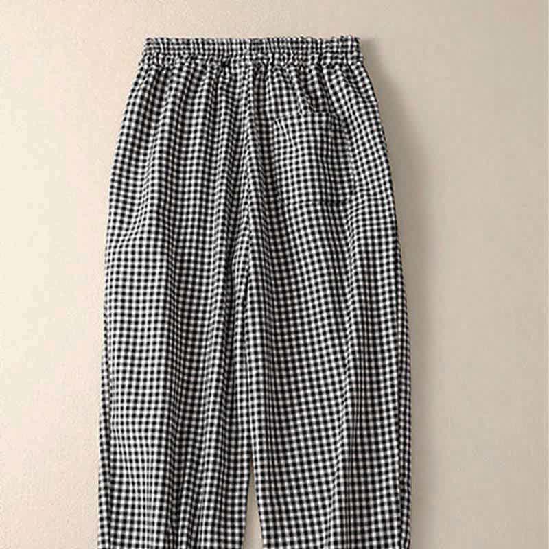 Buddha Stones Summer Plaid Elastic Waist Cropped Women's Tapered Pants With Pockets
