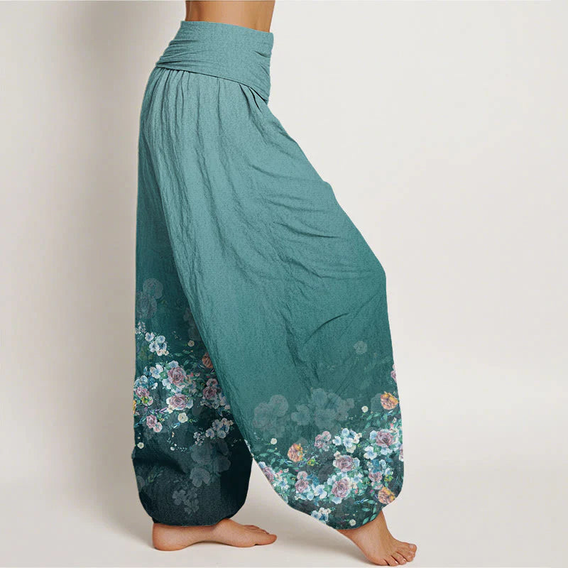 Buddha Stones Cotton Colorful Rose Flowers Design Women's Elastic Waist Harem Pants