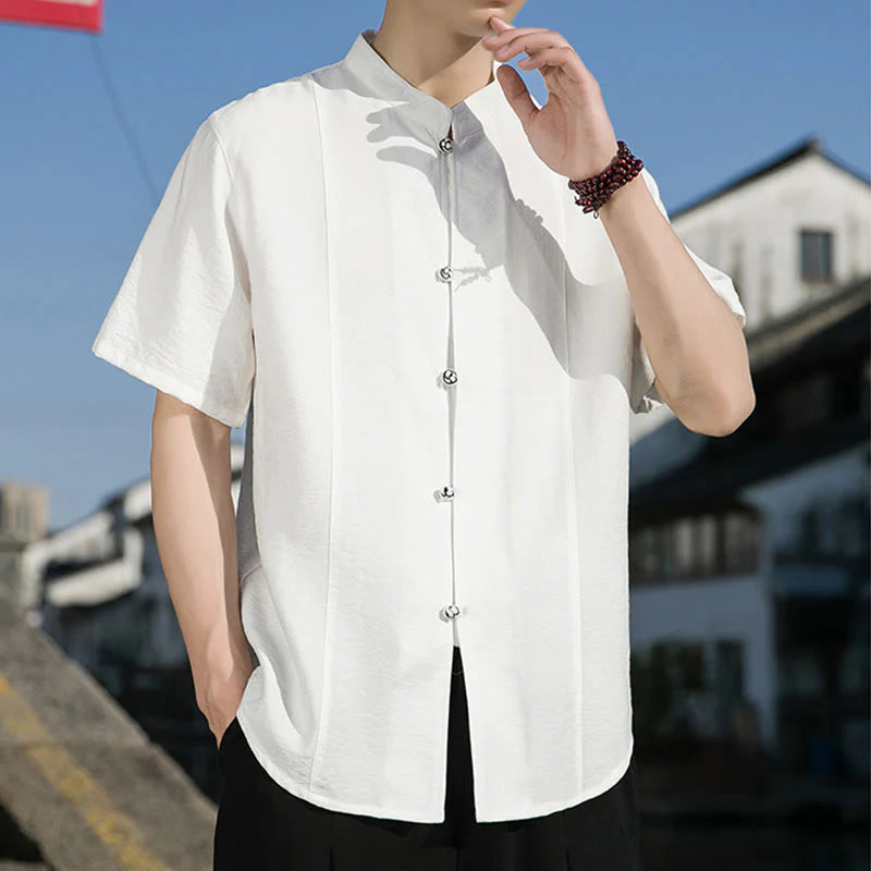 Buddha Stones Summer Solid Color Front Button Design Men's Half Sleeve Cotton Shirt
