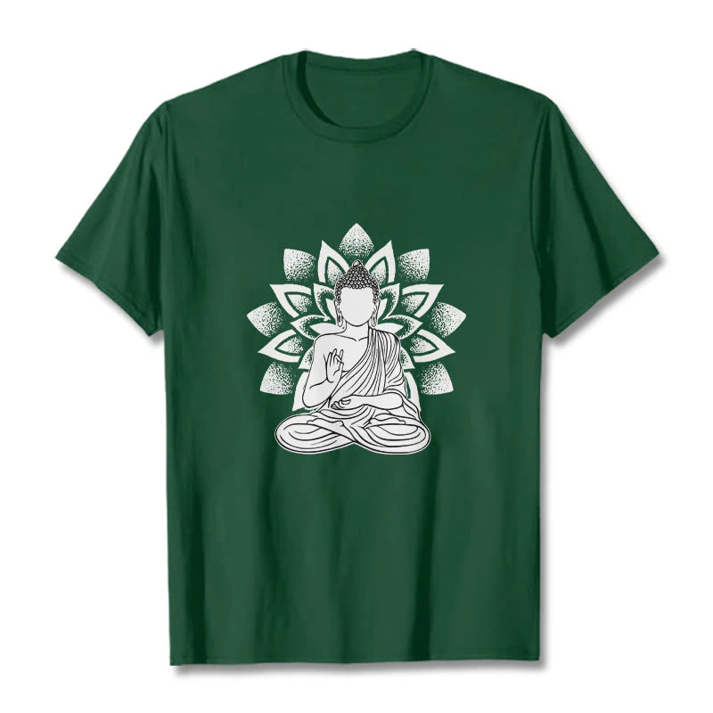Buddha Stones Seated Buddha Lotus Flower Pattern Tee T-shirt