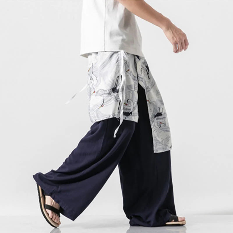 Buddha Stones Summer Flying Crane Design Cotton Men's Wide Leg Pants With Pockets
