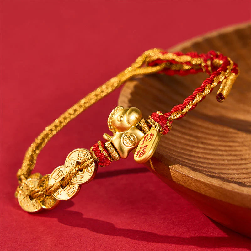 Buddha Stones Year Of The Horse Red String Five-Emperor Coins Luck Bracelet