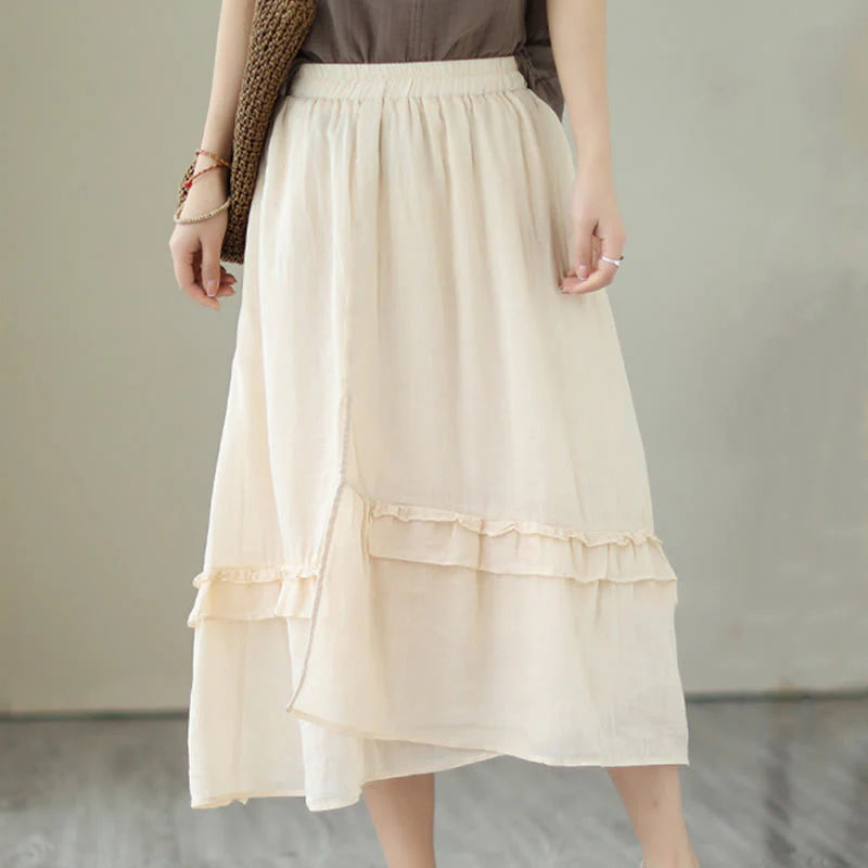 Buddha Stones Vintage Artistic Pure Color Ruffled Design Irregular Women's Cotton Linen Skirt