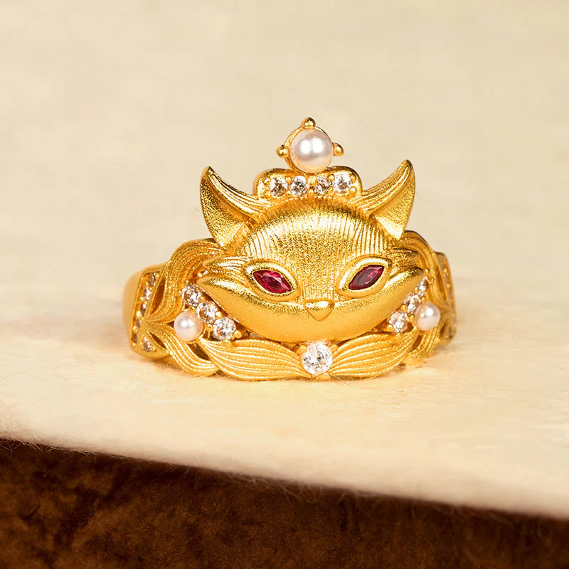 Buddha Stones Fox Head Design 24k Gold Plated Brass Adjustable Ring