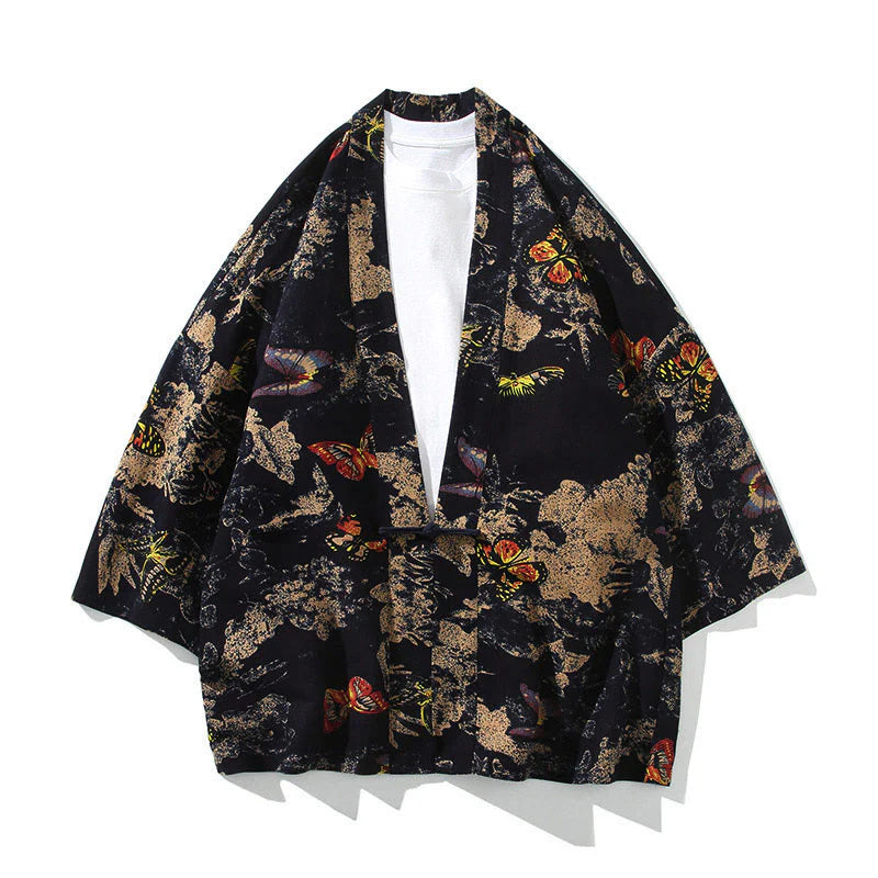 Buddha Stones Geometry Floral Stripes Butterfly Ink Open Front Half Sleeve Jacket Cotton Men's Kimono
