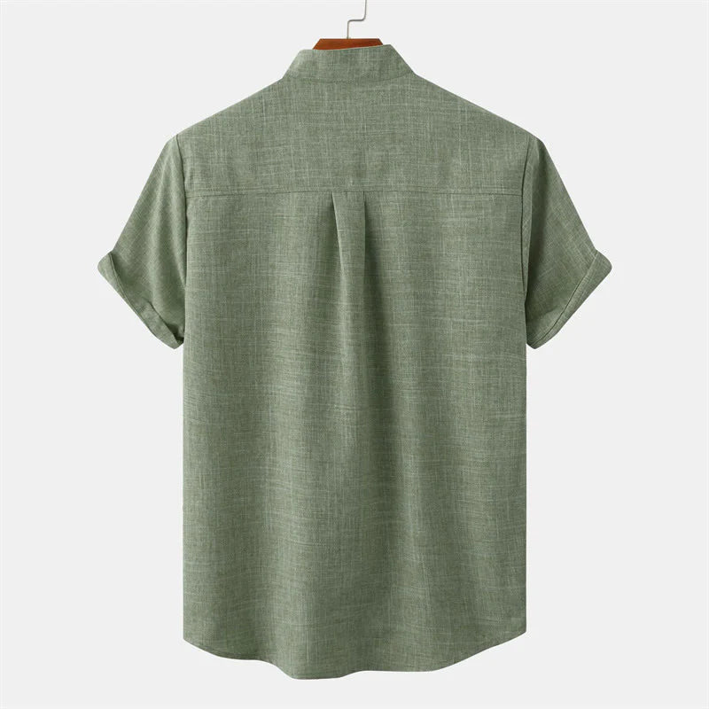Buddha Stones Summer Men's Button Plain Short Sleeve Cotton Shirt With Pocket