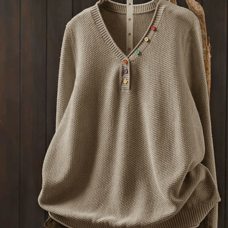 Buddha Stones Fall Colorful Buttons V-Neck Cotton Women's Long Sleeve Knitted Sweater
