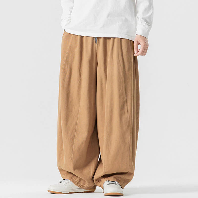 Buddha Stones Winter Commute Plain Drawstring Design Men's Wide Leg Cotton Pants With Pockets