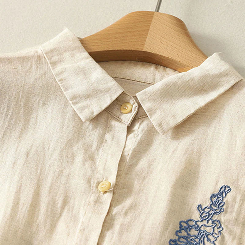Buddha Stones Spring Embroidered Flower Long Sleeve Women's Buttons Shirt