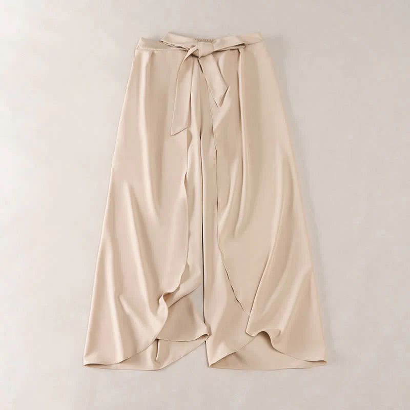 Buddha Stones Elegant Plain Side-Slit Drawstring Bow Design High Waist Women's Wide Leg Pants