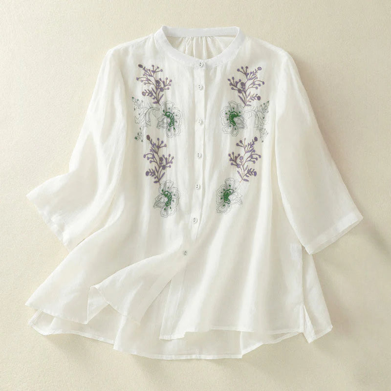 Buddha Stones Embroidery Pleated Design Stand Collar Three Quarter Sleeve Side Slit Hem Women's Cotton Shirt