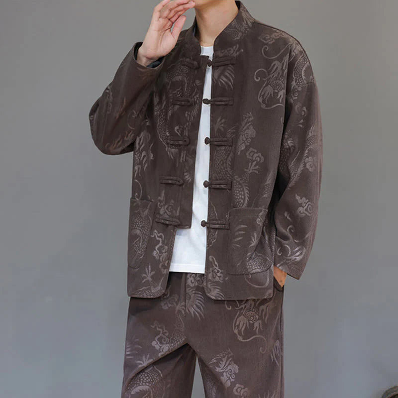Buddha Stones 2Pcs Fall Winter Men's Tang Suit Dragon Frog-Button Cotton Corduroy Long Sleeve Jacket Pants Set With Pockets