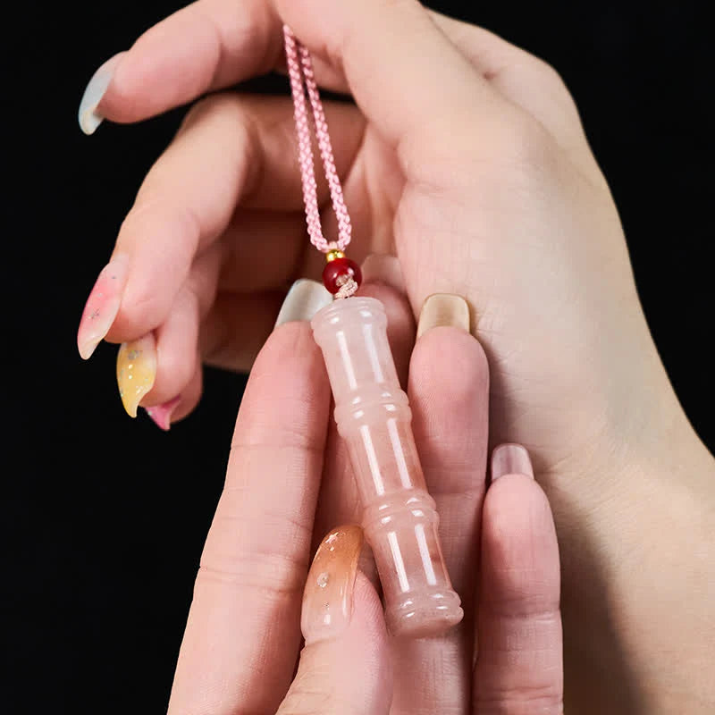 Buddha Stones Craved Bamboo Natural Pink Quartzite Jade Protection Necklace Pendant