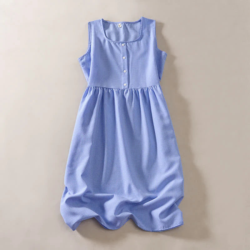 Buddha Stones Summer Coral Gingham Sleeveless A Line Vacation Casual Knee Length Dress With Pockets