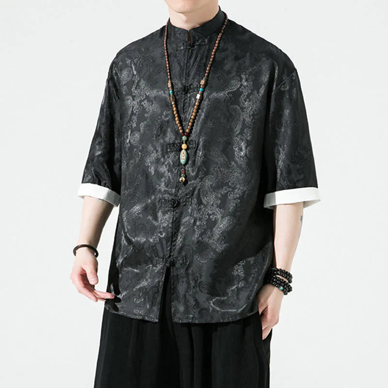 Buddha Stones Summer Cashew Flowers Pattern Men's Frog-Button Half Sleeve Shirts