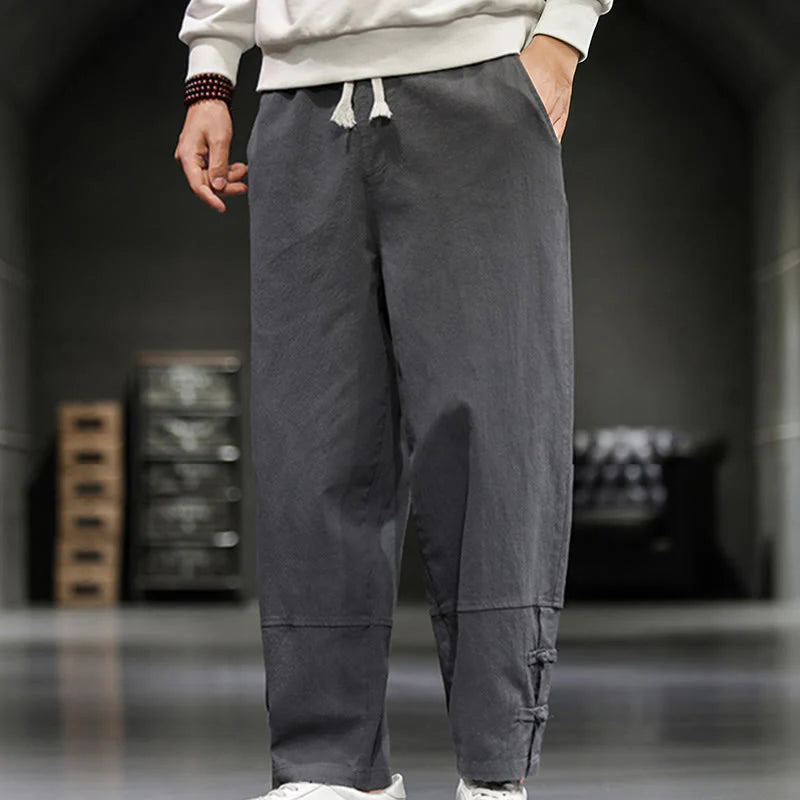 Buddha Stones Drawstring Elastic Waist Frog-Button Ankle-Length Men's Cotton Pants With Pockets