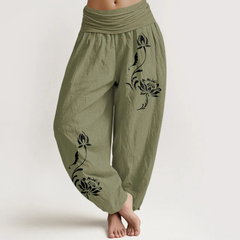 Buddha Stones Cotton Stable Lotus Petals Pattern Women's Elastic Waist Harem Pants