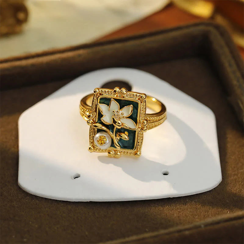 Buddha Stones Vintage Oil Painting Lotus Flower Pearl Copper Wealth Ring