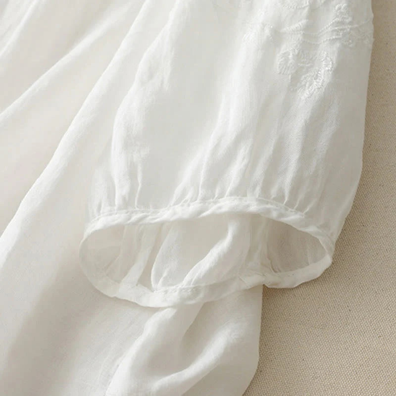 Buddha Stones Embroidery Button-down Women's Cotton Linen Shirt