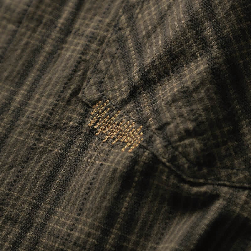 Buddha Stones Fall Commute Embroidery Plaid Pattern Men's Cotton Long Sleeve Shirts With Pocket