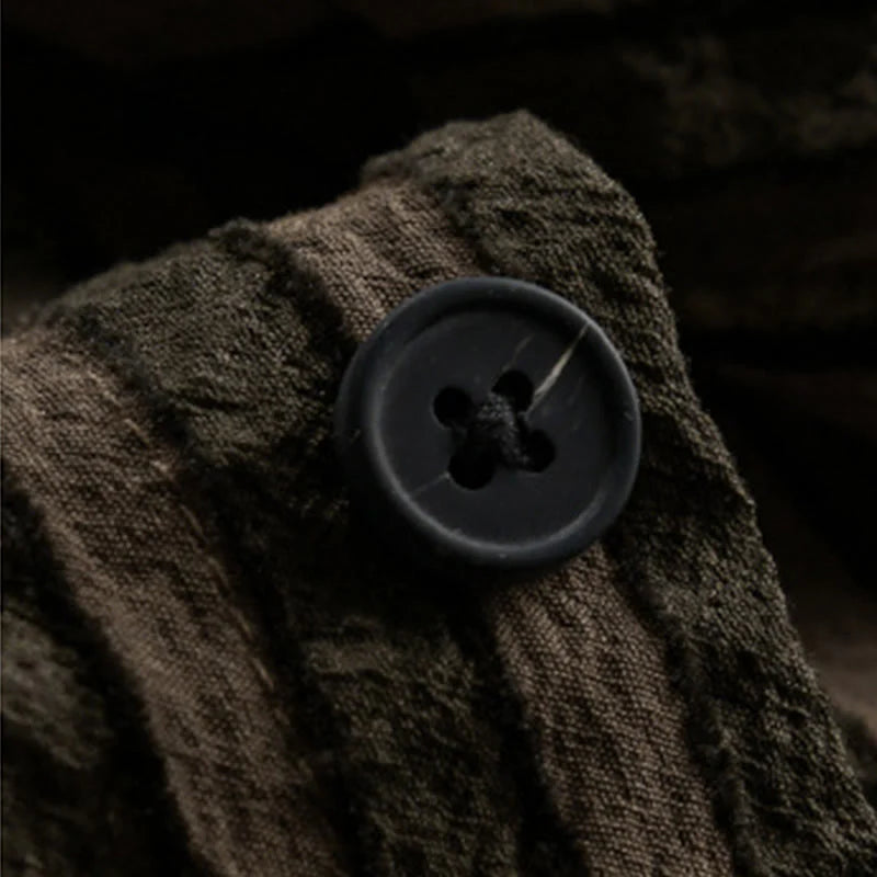 Buddha Stones Vintage Striped Buttons Down Stand Collar Long Sleeve Men's Cotton Shirt